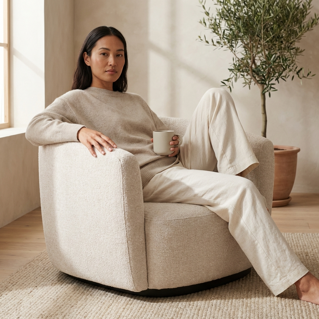 Woman sitting in a beige armchair holding a mug in a cozy room with a plant.