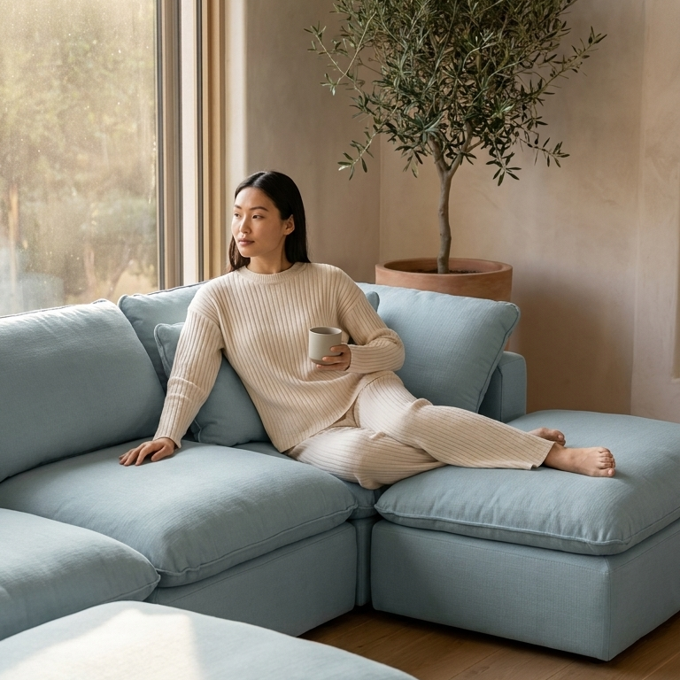 Woman sitting on a light blue sectional sofa in a bright living room.