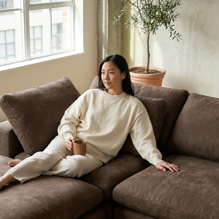 Woman sitting on a brown sectional sofa in a room with large windows and a potted plant.