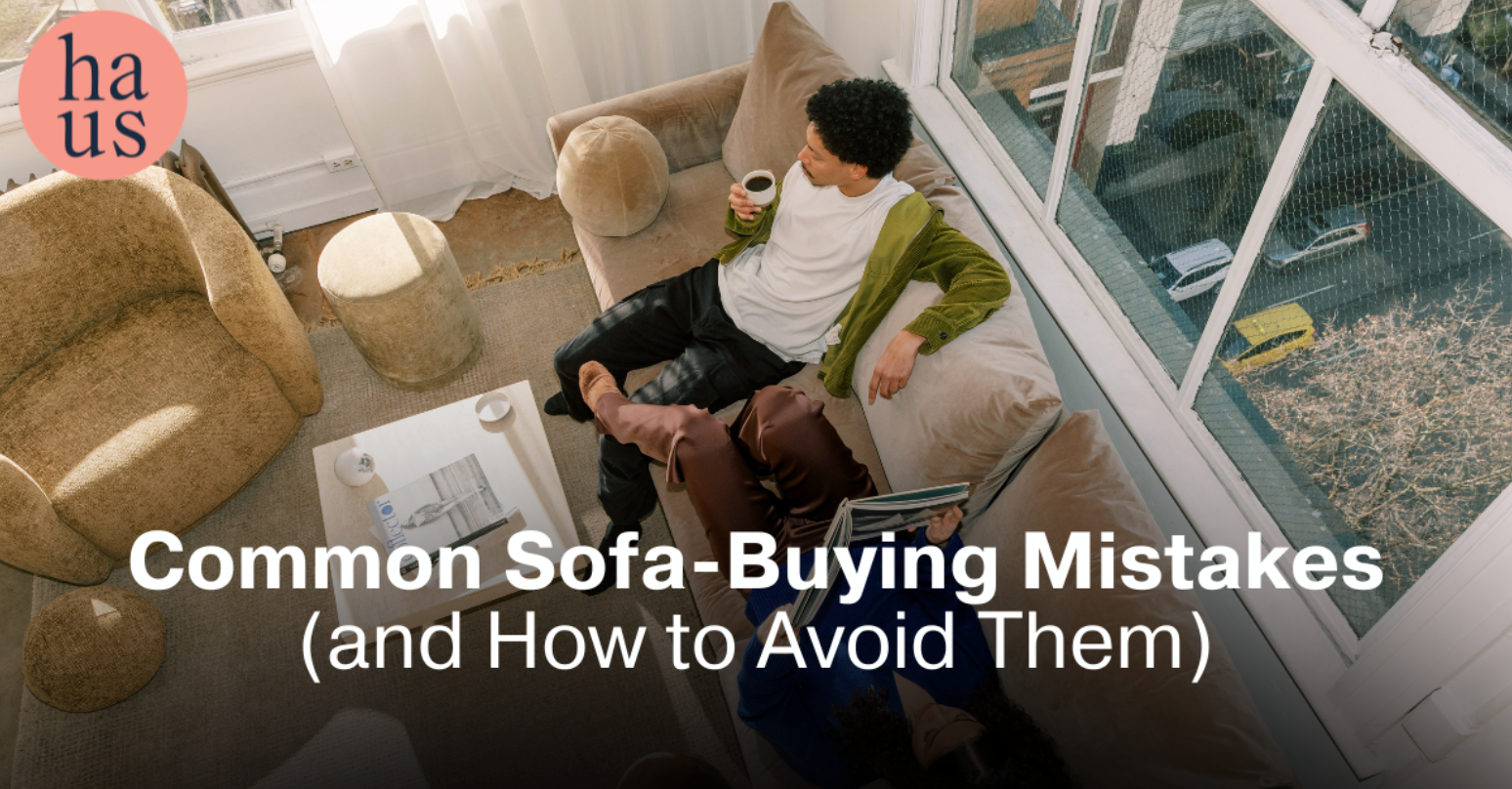 Person relaxing with coffee on a Couch Haus sofa in a bright living room, with the article title 'Common Sofa-Buying Mistakes (and How to Avoid Them)'