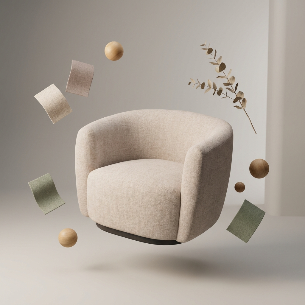Beige armchair with decorative elements on a neutral background