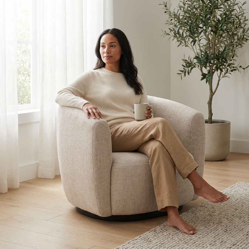 Woman sitting in a beige armchair holding a mug in a bright room with a plant.