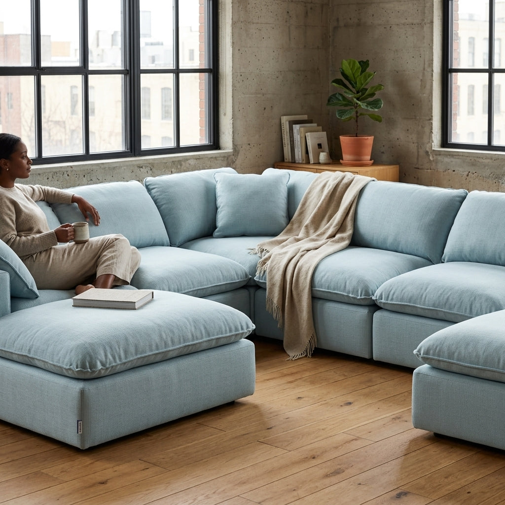 Woman sitting on a light blue sectional sofa in a modern living room.